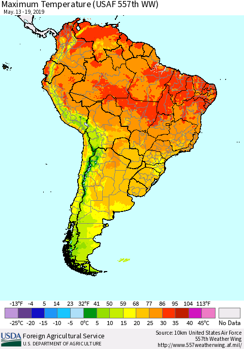 South America Mean Maximum Temperature (USAF 557th WW) Thematic Map For 5/13/2019 - 5/19/2019