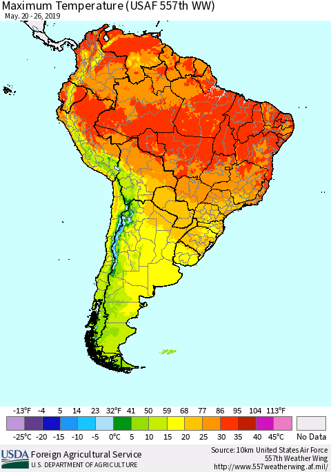 South America Mean Maximum Temperature (USAF 557th WW) Thematic Map For 5/20/2019 - 5/26/2019