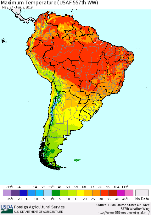 South America Mean Maximum Temperature (USAF 557th WW) Thematic Map For 5/27/2019 - 6/2/2019