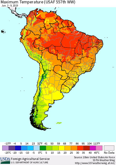 South America Mean Maximum Temperature (USAF 557th WW) Thematic Map For 6/3/2019 - 6/9/2019