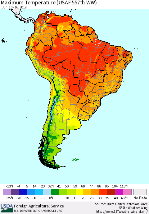 South America Mean Maximum Temperature (USAF 557th WW) Thematic Map For 6/10/2019 - 6/16/2019