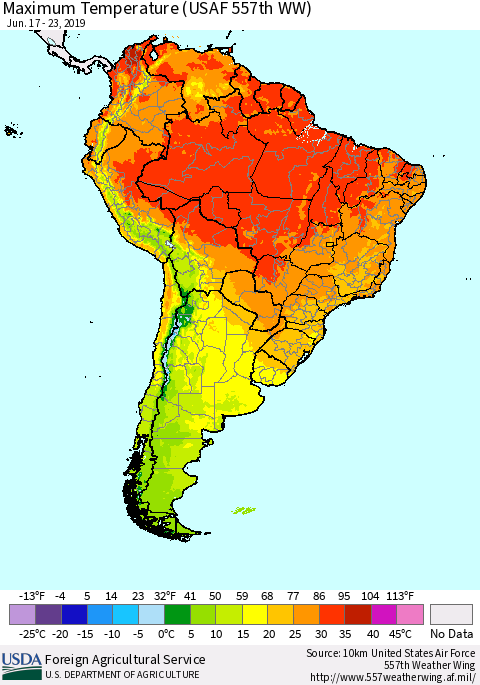 South America Mean Maximum Temperature (USAF 557th WW) Thematic Map For 6/17/2019 - 6/23/2019