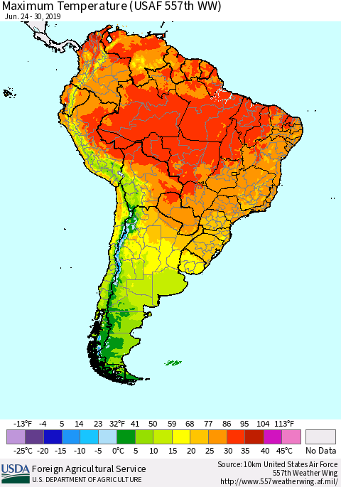 South America Mean Maximum Temperature (USAF 557th WW) Thematic Map For 6/24/2019 - 6/30/2019