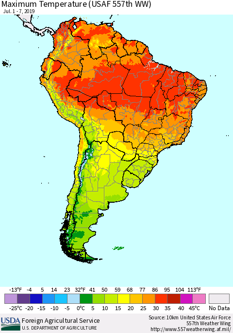 South America Mean Maximum Temperature (USAF 557th WW) Thematic Map For 7/1/2019 - 7/7/2019