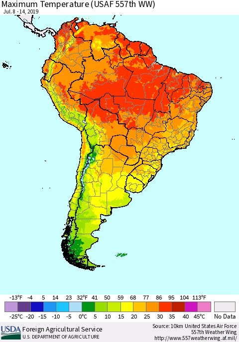 South America Mean Maximum Temperature (USAF 557th WW) Thematic Map For 7/8/2019 - 7/14/2019