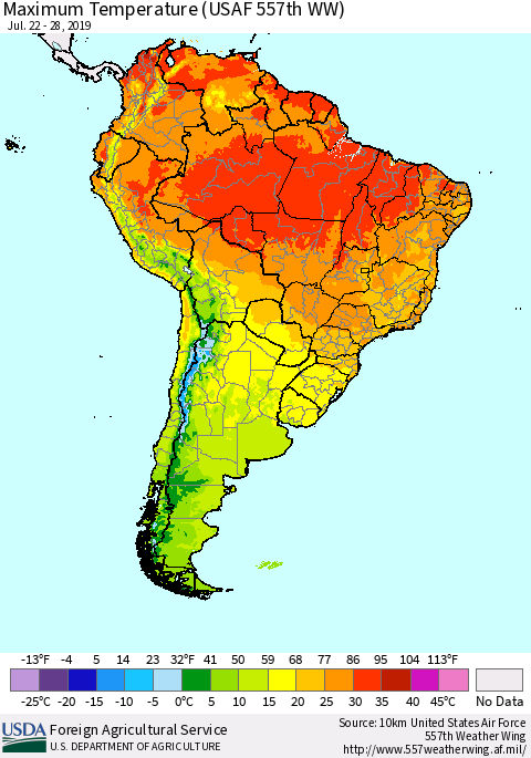 South America Mean Maximum Temperature (USAF 557th WW) Thematic Map For 7/22/2019 - 7/28/2019
