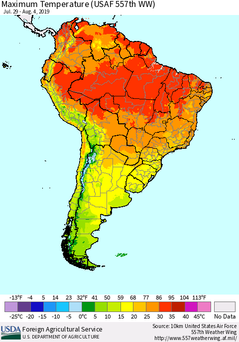 South America Mean Maximum Temperature (USAF 557th WW) Thematic Map For 7/29/2019 - 8/4/2019