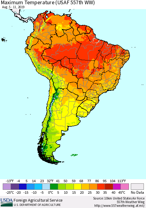 South America Mean Maximum Temperature (USAF 557th WW) Thematic Map For 8/5/2019 - 8/11/2019