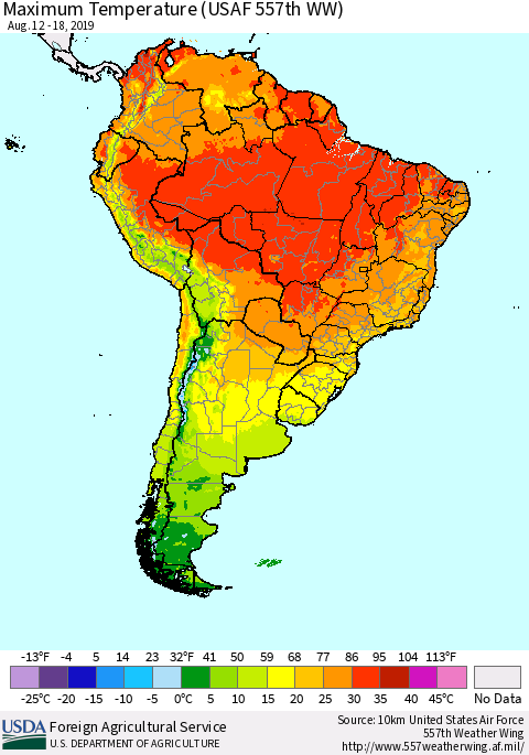 South America Mean Maximum Temperature (USAF 557th WW) Thematic Map For 8/12/2019 - 8/18/2019