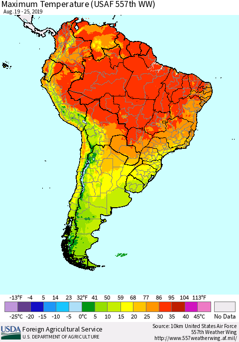 South America Mean Maximum Temperature (USAF 557th WW) Thematic Map For 8/19/2019 - 8/25/2019