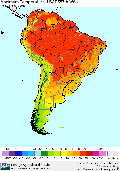 South America Mean Maximum Temperature (USAF 557th WW) Thematic Map For 8/26/2019 - 9/1/2019
