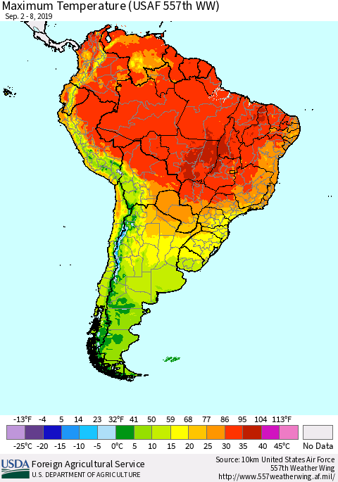 South America Mean Maximum Temperature (USAF 557th WW) Thematic Map For 9/2/2019 - 9/8/2019