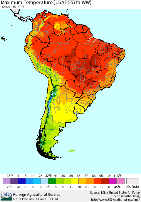 South America Mean Maximum Temperature (USAF 557th WW) Thematic Map For 9/9/2019 - 9/15/2019