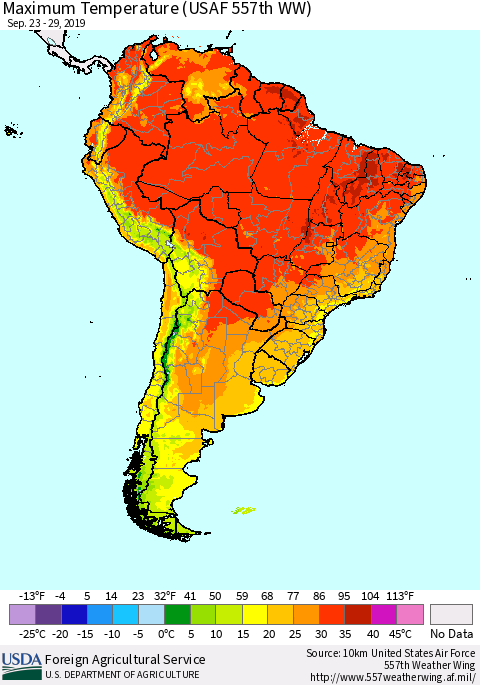 South America Mean Maximum Temperature (USAF 557th WW) Thematic Map For 9/23/2019 - 9/29/2019