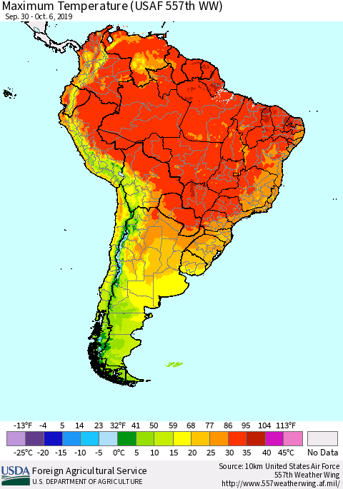 South America Mean Maximum Temperature (USAF 557th WW) Thematic Map For 9/30/2019 - 10/6/2019