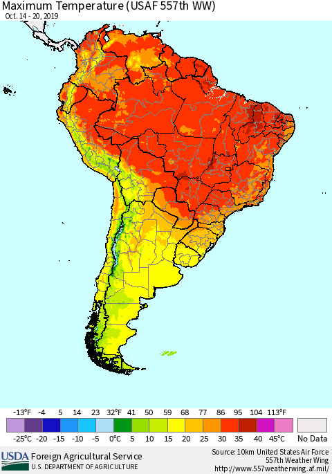 South America Mean Maximum Temperature (USAF 557th WW) Thematic Map For 10/14/2019 - 10/20/2019