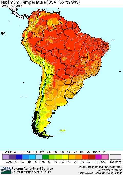 South America Mean Maximum Temperature (USAF 557th WW) Thematic Map For 10/21/2019 - 10/27/2019