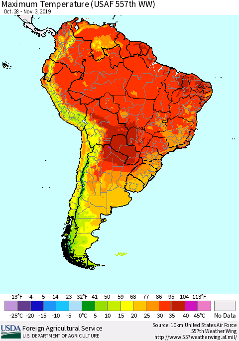 South America Mean Maximum Temperature (USAF 557th WW) Thematic Map For 10/28/2019 - 11/3/2019