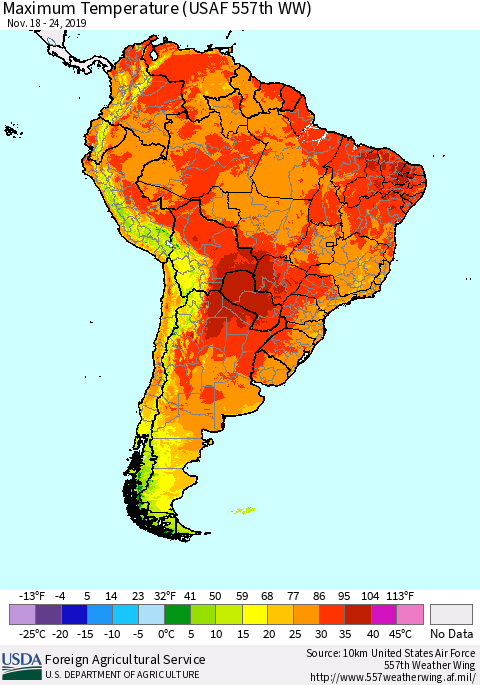 South America Mean Maximum Temperature (USAF 557th WW) Thematic Map For 11/18/2019 - 11/24/2019