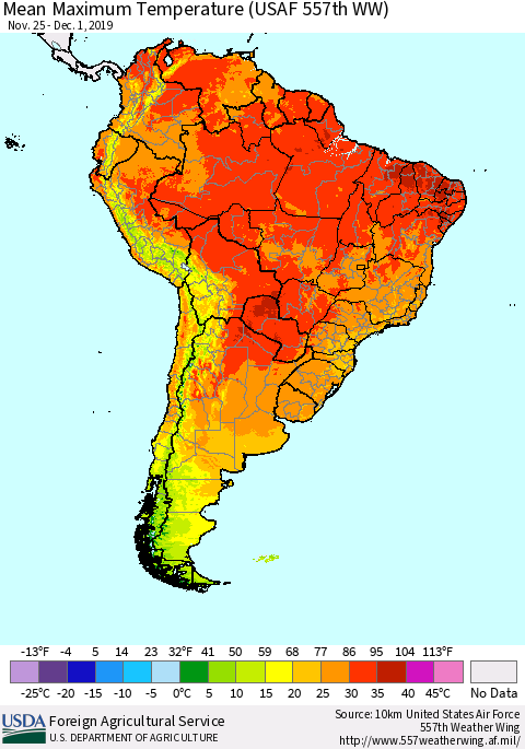 South America Mean Maximum Temperature (USAF 557th WW) Thematic Map For 11/25/2019 - 12/1/2019