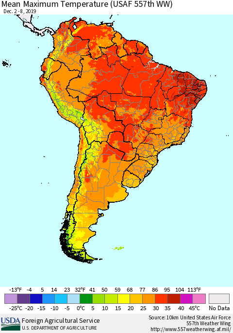 South America Mean Maximum Temperature (USAF 557th WW) Thematic Map For 12/2/2019 - 12/8/2019