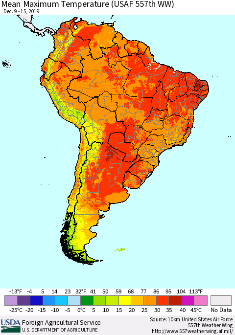 South America Mean Maximum Temperature (USAF 557th WW) Thematic Map For 12/9/2019 - 12/15/2019