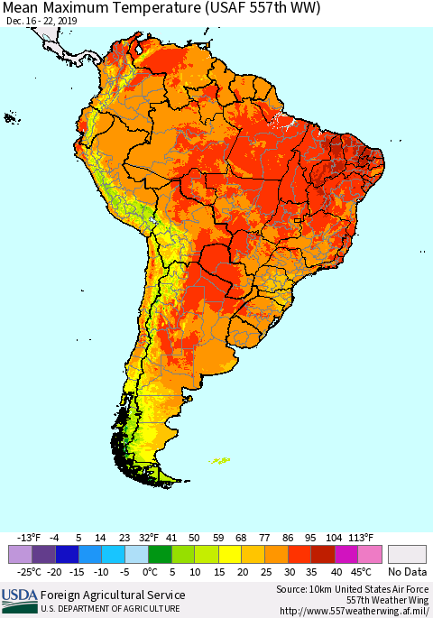 South America Mean Maximum Temperature (USAF 557th WW) Thematic Map For 12/16/2019 - 12/22/2019