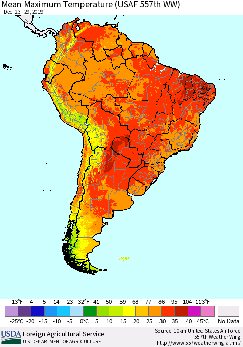 South America Mean Maximum Temperature (USAF 557th WW) Thematic Map For 12/23/2019 - 12/29/2019