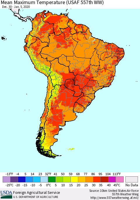 South America Mean Maximum Temperature (USAF 557th WW) Thematic Map For 12/30/2019 - 1/5/2020