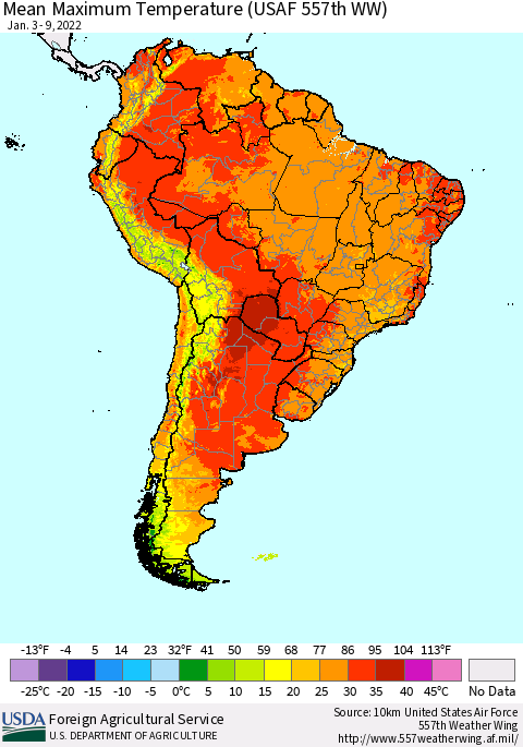 South America Mean Maximum Temperature (USAF 557th WW) Thematic Map For 1/3/2022 - 1/9/2022