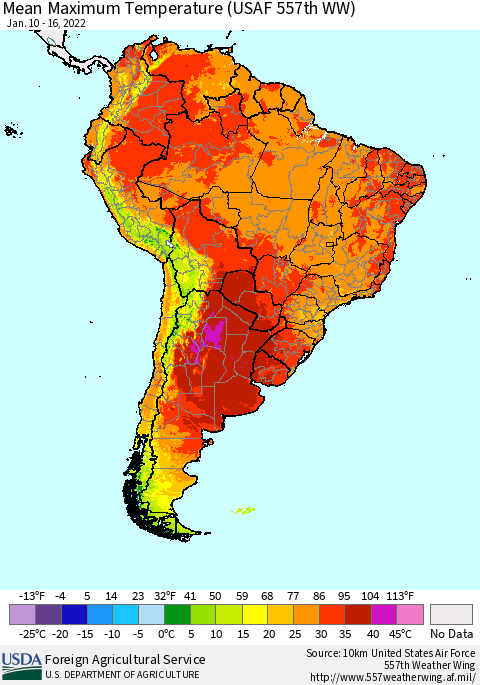 South America Mean Maximum Temperature (USAF 557th WW) Thematic Map For 1/10/2022 - 1/16/2022