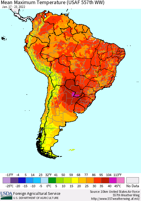 South America Mean Maximum Temperature (USAF 557th WW) Thematic Map For 1/17/2022 - 1/23/2022