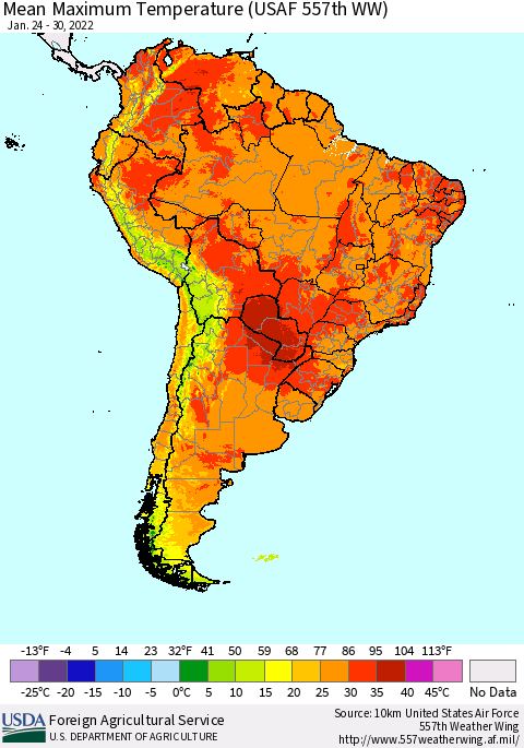 South America Mean Maximum Temperature (USAF 557th WW) Thematic Map For 1/24/2022 - 1/30/2022