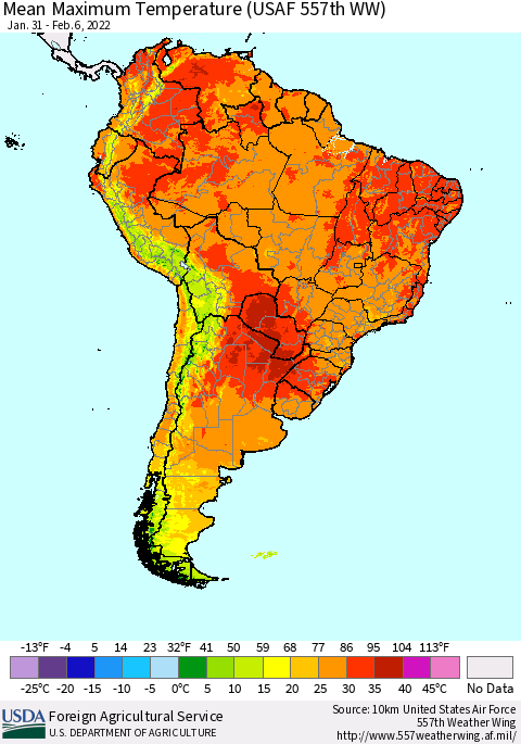 South America Mean Maximum Temperature (USAF 557th WW) Thematic Map For 1/31/2022 - 2/6/2022