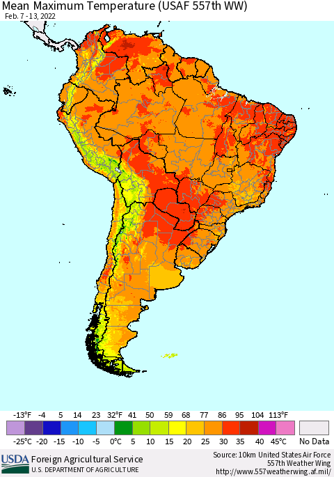 South America Mean Maximum Temperature (USAF 557th WW) Thematic Map For 2/7/2022 - 2/13/2022
