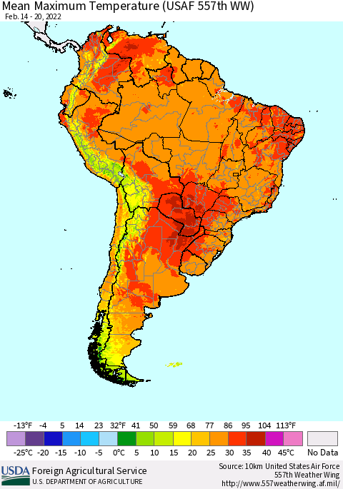 South America Mean Maximum Temperature (USAF 557th WW) Thematic Map For 2/14/2022 - 2/20/2022