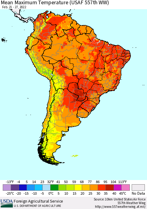 South America Mean Maximum Temperature (USAF 557th WW) Thematic Map For 2/21/2022 - 2/27/2022