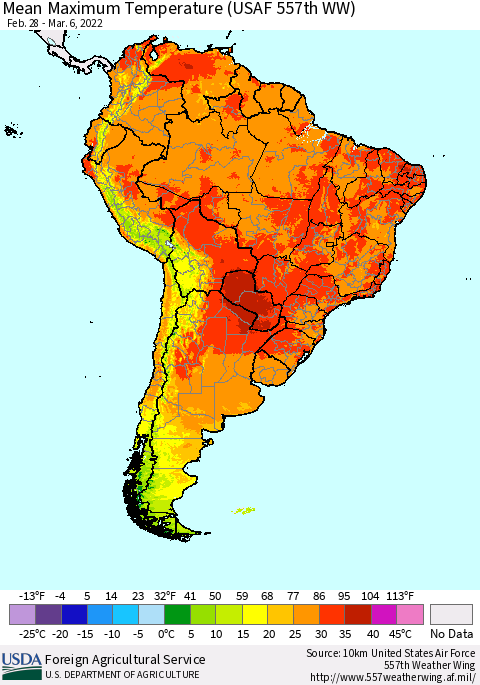 South America Mean Maximum Temperature (USAF 557th WW) Thematic Map For 2/28/2022 - 3/6/2022