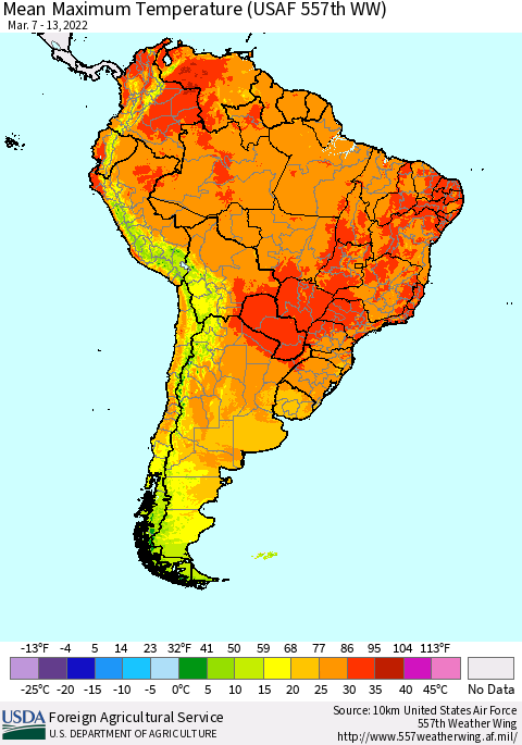 South America Mean Maximum Temperature (USAF 557th WW) Thematic Map For 3/7/2022 - 3/13/2022