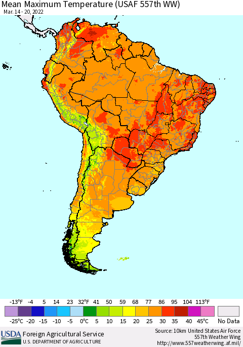 South America Mean Maximum Temperature (USAF 557th WW) Thematic Map For 3/14/2022 - 3/20/2022