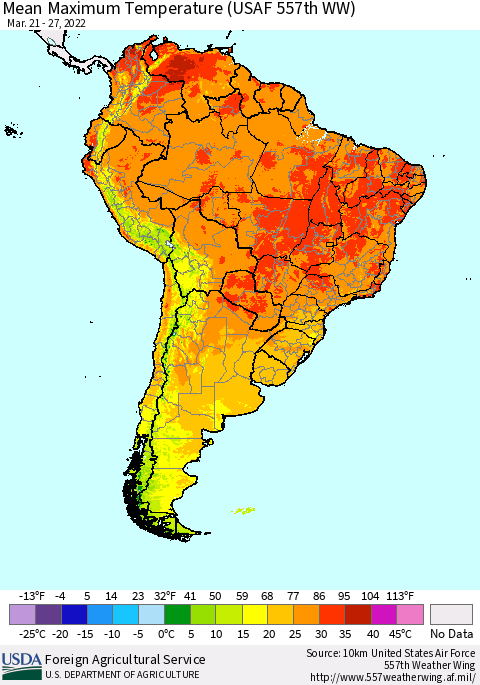 South America Mean Maximum Temperature (USAF 557th WW) Thematic Map For 3/21/2022 - 3/27/2022