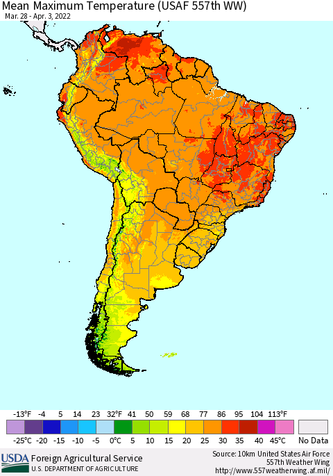 South America Mean Maximum Temperature (USAF 557th WW) Thematic Map For 3/28/2022 - 4/3/2022