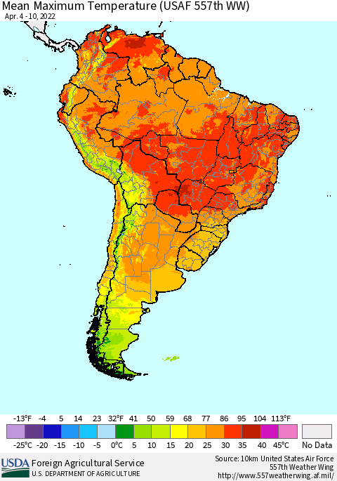 South America Mean Maximum Temperature (USAF 557th WW) Thematic Map For 4/4/2022 - 4/10/2022