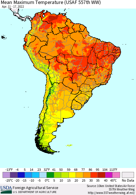 South America Mean Maximum Temperature (USAF 557th WW) Thematic Map For 4/11/2022 - 4/17/2022