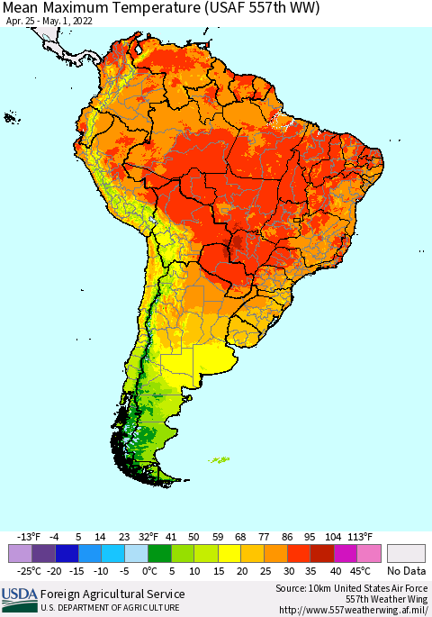 South America Mean Maximum Temperature (USAF 557th WW) Thematic Map For 4/25/2022 - 5/1/2022