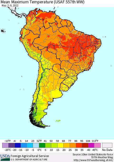 South America Mean Maximum Temperature (USAF 557th WW) Thematic Map For 5/2/2022 - 5/8/2022