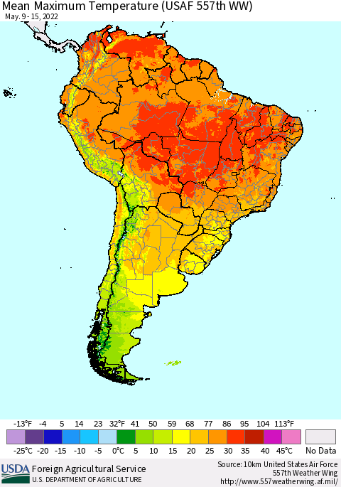 South America Mean Maximum Temperature (USAF 557th WW) Thematic Map For 5/9/2022 - 5/15/2022