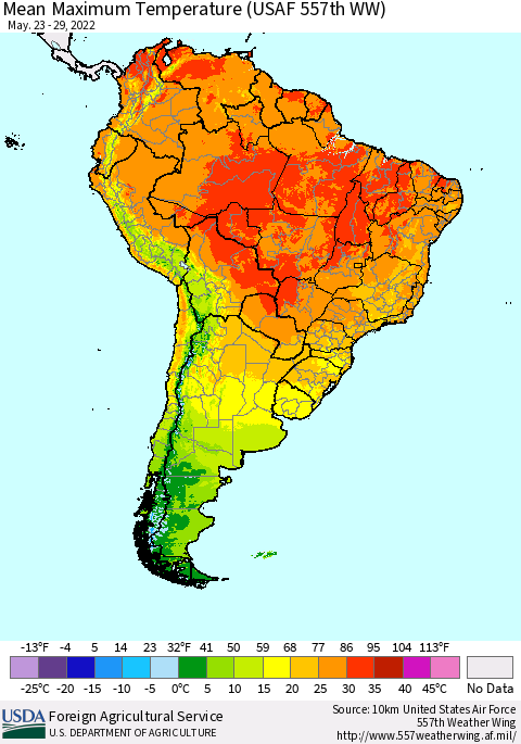 South America Mean Maximum Temperature (USAF 557th WW) Thematic Map For 5/23/2022 - 5/29/2022