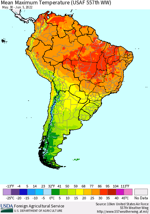 South America Mean Maximum Temperature (USAF 557th WW) Thematic Map For 5/30/2022 - 6/5/2022