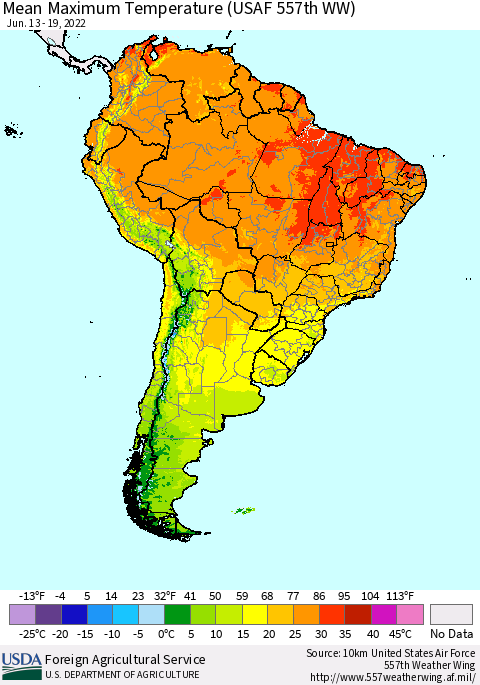 South America Mean Maximum Temperature (USAF 557th WW) Thematic Map For 6/13/2022 - 6/19/2022
